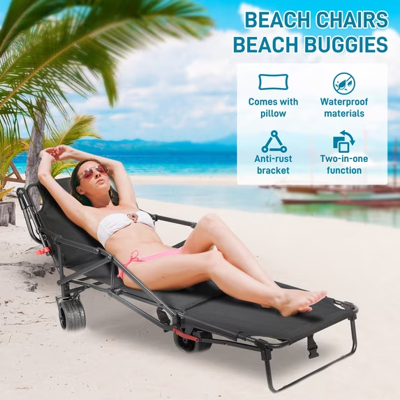 🏖️ 2-in-1 Folding Beach Wagon & Lounge Chair - Relax, Carry & Enjoy Every Outdoor Adventure